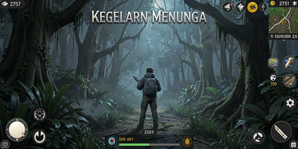 Screenshot menunjukkan karakter utama menjelajahi area gelap penuh misteri.