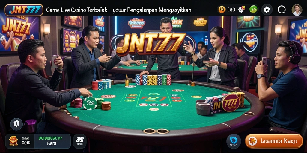 Screenshot gameplay JNT777 menampilkan dealer langsung dan suasana casino.