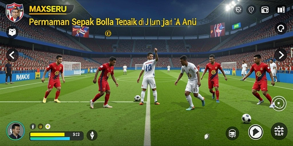 Tampilan utama gameplay <strong>MAXSERU</strong> yang menghadirkan aksi sepak bola seru.