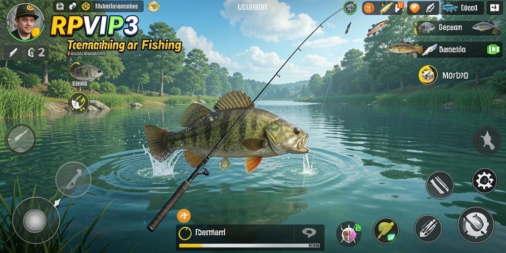 Screenshot gameplay RPVIP3 menunjukkan aksi memancing yang mendebarkan di perairan indah.